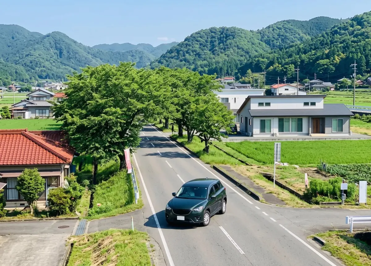 田園の中の道を走る乗用車